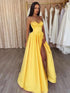 Yellow Spaghetti Straps Sleeveless Long Prom Dress With Slit