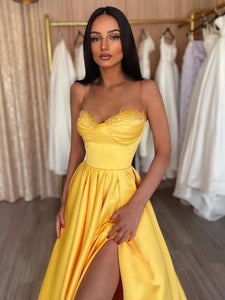 Yellow Spaghetti Straps Sleeveless Long Prom Dress With Slit