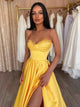 Yellow Spaghetti Straps Sleeveless Long Prom Dress With Slit