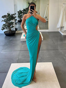 Green Halter Mermaid Cut Out Long Prom Dress