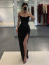Black Off the Shoulder Sparkly Long Prom Dress With Slit