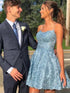 Spaghetti Straps Light Blue A Line Sparkly Homecoming Dress