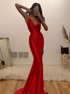 Red V Neck Satin Long Prom Dress With Slit