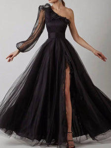 One Shoulder Black Tulle A Line Long Prom Dress