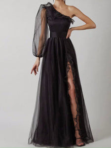 One Shoulder Black Tulle A Line Long Prom Dress