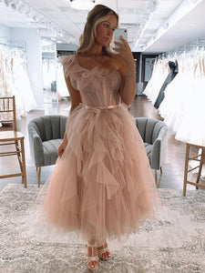 One Shoulder Blush Tulle A Line Long Prom Dress