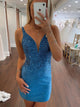 Blue V Neck Bodycon Homecoming Dress With Beading