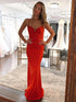 Spaghetti Straps Red Sheath Long Prom Dress With Beading