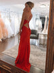 Spaghetti Straps Red Sheath Long Prom Dress With Beading