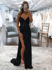 Black Spaghetti Straps Sequin Long Prom Dress With Slit