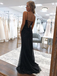 Black Spaghetti Straps Sequin Mermaid Long Prom Dress