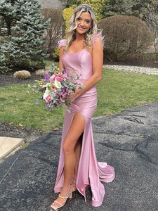 Pink Spaghetti Straps Mermaid Long Prom Dress With Feathers