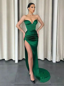 Green Strapless Mermaid Satin Long Prom Dress