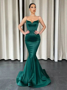 Green Spaghetti Straps Mermaid Satin Long Prom Dress