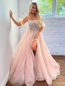 Blush A Line Beading Strapless Long Prom Dress