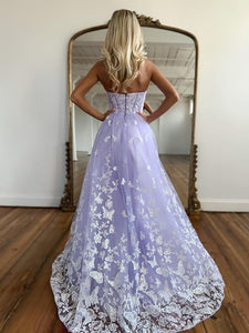 Lilac A Line Sweetheart Corset Tulle Long Prom Dress