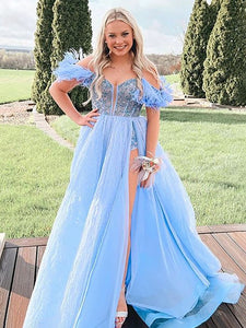 Blue A Line Off the Shoulder Corset Long Prom Dress With Slit
