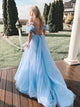Blue A Line Off the Shoulder Corset Long Prom Dress With Slit