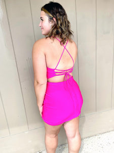 Hot Pink Halter Open Back Homecoming Dress