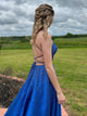 Royal Blue A Line Open Back Prom Dress With Beading