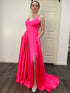 Hot Pink A Line V Neck Long Prom Dress With Slit