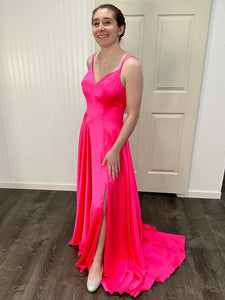 Hot Pink A Line V Neck Long Prom Dress With Slit