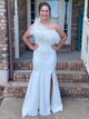 One Shoulder White Mermaid Feather Long Prom Dress With Split
