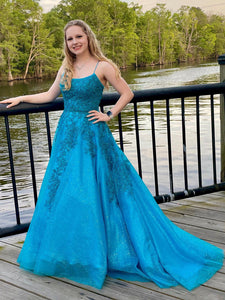 Spaghetti Straps Blue Sparkly Long Prom Dress With Appliques