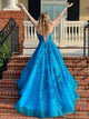 Spaghetti Straps Blue Sparkly Long Prom Dress With Appliques