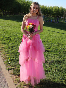 Spaghetti Straps Pink Tulle Long Prom Dress