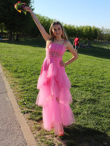Spaghetti Straps Pink Tulle Long Prom Dress