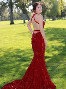 Sequin Red Mermaid Halter Open Back Prom Dress