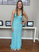 Light Blue Sheath Halter Sequin Long Prom Dress