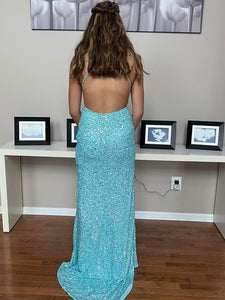 Light Blue Sheath Halter Sequin Long Prom Dress