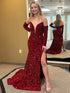 Burgundy Mermaid Sequin Off the Shoulder Long Prom Dress