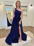 Navy A Line Sparkly One Shoulder Long Prom Dress