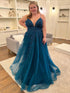 Peacock Blue A Line Spaghetti Straps Long Prom Dress With Appliques