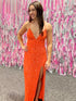 Orange Sheath Halter Sparkly Long Prom Dress With Slit