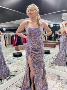 Light Purple Spaghetti Straps Sequin Prom Dress With Slit