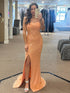 Orange Sheath Halter Sparkly Long Prom Dress With Cirss Cross Back