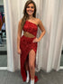 Red One Shoulder Sequin Cut Out Prom Dress