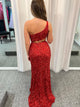 Red One Shoulder Sequin Cut Out Prom Dress