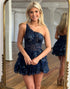 Navy A Line One Shoulder Glitter Homecoming Dress