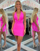 Deep V-neck Satin Tight Hot Pink Homecoming Dress with Lace-up Back