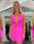 Deep V-neck Satin Tight Hot Pink Homecoming Dress with Lace-up Back