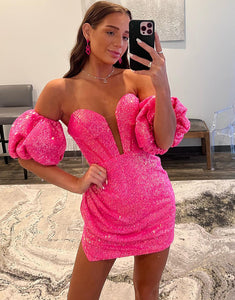 Hot Pink Sheath Sweetheart Sequins Homecoming Dress