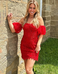 Red Off the Shoulder Homecoming Dress With Appliques