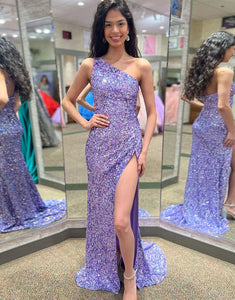 Light Purple One Shoulder Sequin Prom Dress With Slit