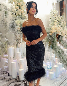 Black Strapless Sequin Prom Dress With Feathers