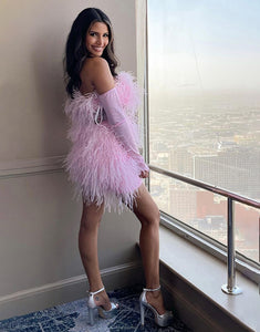 Light Pink Off the Shoulder Long Sleeves Homecoming Dress With Feathers